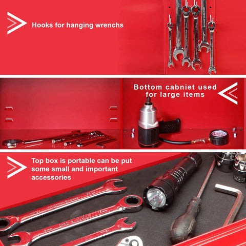 Red Large Tool Chest With Three Drawers For Garage Or Workshop Heavy Duty Cold Rolled Steel Cabinet With Corrosion Resistant Powder Finish showing tool storage options