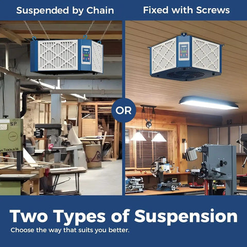 Heavy Duty Shop Air Filtration System Pulling 1350 CFM shown suspended by chain and fixed with screws in woodworking garages.