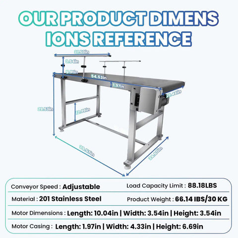 Diagram of 55 By 22 Inches Motorized Belt Conveyor Table With Heavy Duty Stainless Steel Build dimensions and specifications.