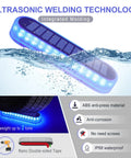 Blue Solar Dock Deck Lights No Wiring Easy Install Stick On Outdoor Waterproof Step Lights For Stairs Driveway Patio Garden Backyard 4 Pack With 30 LEDs And 360 Degree Illumination shown floating on water with ABS material and IP68 waterproof features.
