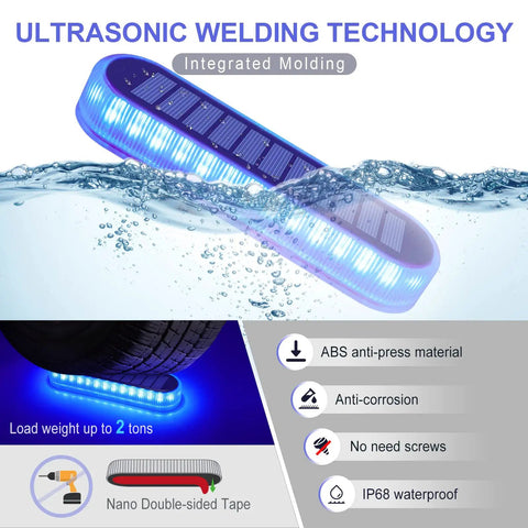 Blue Solar Dock Deck Lights No Wiring Easy Install Stick On Outdoor Waterproof Step Lights For Stairs Driveway Patio Garden Backyard 4 Pack With 30 LEDs And 360 Degree Illumination shown floating on water with ABS material and IP68 waterproof features.