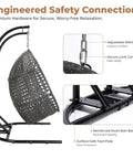 Close-up of All Weather Two Person Egg Chair With Stand Cozy Oversized Wicker Hanging Loveseat Built Tough Steel Frame With Extra Thick Cushion Rain Cover Included Indoor Outdoor Patio Swing Chair Dark Grey showing safety features.