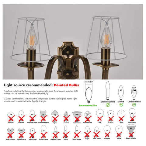 Two pointed bulbs in sockets with recommended size guide for Crystal Chandelier Shades Set of 6 Clip On Mini Lamp Shades.