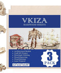 VKIZA basswood sheets, 3-pack, 12x12x1/8 in (3 mm), unfinished wood for crafts and laser cutting; shown with models.