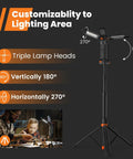 Go To 4 In 1 Cordless Work Light with adjustable stand and detachable tripod, showing triple lamp heads with 180° and 270° rotation.