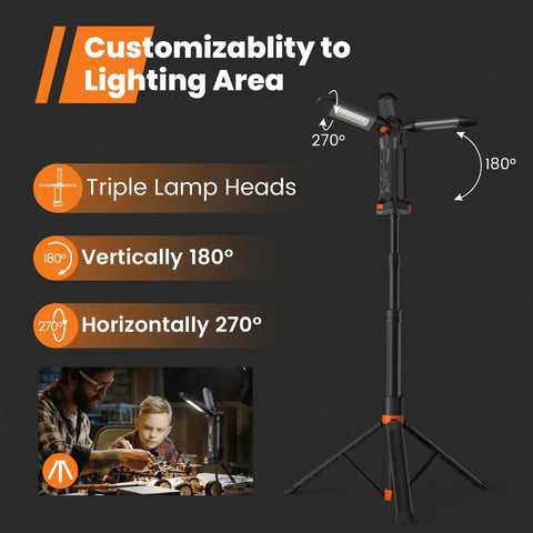 Go To 4 In 1 Cordless Work Light with adjustable stand and detachable tripod, showing triple lamp heads with 180° and 270° rotation.