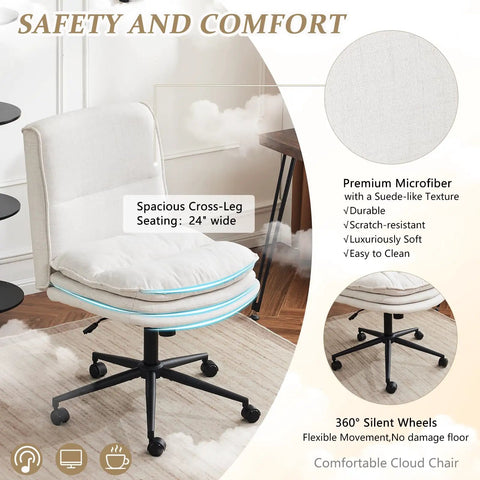 Cloud Criss Cross Legged Office Chair With Wheels 18 Inch High Back Armless Ergonomic Task Chair 24 Inch Wide Padded Seat Fabric Beige