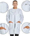 Women's Medical Lab Coat With Three Pockets Long Sleeve Button Front White Durable Cotton Polyester Blend Fade Resistant For Medical Pros, Comfortable Fit In Size Medium, front view