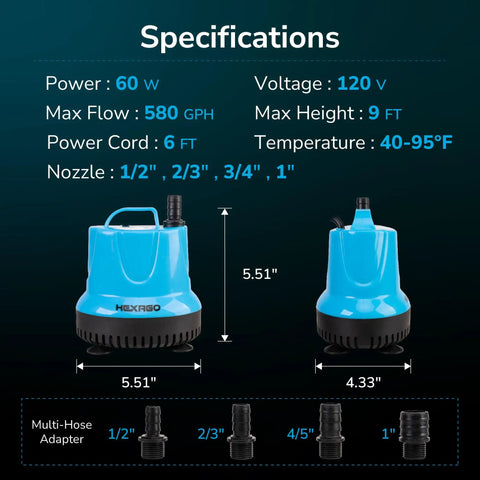 Specifications of 580 GPH Submersible Water Fountain Pump With 9 Ft Lift 60W Small Sump Pump for Ponds and Fountains