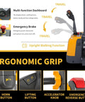 Heavy Duty Electric Pallet Stacker With 3300 Lb Capacity And One Hundred Thirty Inch Lift Height control dashboard and ergonomic grip features.