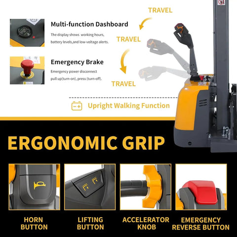 Heavy Duty Electric Pallet Stacker With 3300 Lb Capacity And One Hundred Thirty Inch Lift Height control dashboard and ergonomic grip features.