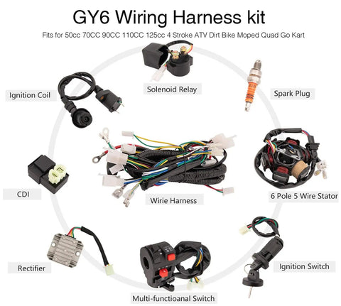 All In One GY6 Wiring Harness Kit For 50Cc To 125Cc Engines with Stator Coil CDI Ignition Coil Electric Components Display