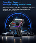 54W Four Port Car Charger With PD36W And QC3 18W Fast Charging Wireless FM Transmitter with safety features displayed