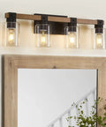 4 Light Farmhouse Bathroom Vanity Light Fixtures With Antique Wood Finish And Clear Glass Shades Over Mirror Ideal For Bedroom Hallway With A Cozy Vibe Rustic Over Mirror Lighting