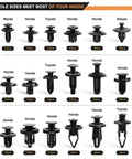190 Piece Car Retainer Clips And Fastener Remover Kit With 18 Common Sizes For Toyota Honda Nissan Mazda, display of various clip sizes