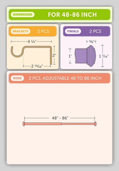 Diagram of Decorative 1 Inch Curtain Rod With End Cap Finials, Adjustable 48 To 86 Inches, Warm Gold Finish, showing rod, brackets, and finials.