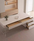 Cream L Shaped Desk With Plenty Of Storage Drawers And Smooth Rolling Wheels Floating Clear Acrylic Legs Office Salon Workspace Game Changer Boss Setup Straight Up Heavy Duty with open drawers and floral decor.