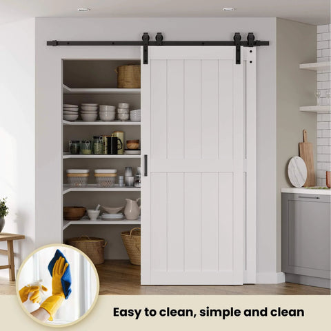 Double MDF Sliding Barn Doors 40In X 84In With 7Ft Bypass Hardware Kit installed in a pantry, white, open track view