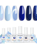 Six Blue Gel Nail Polishes Set Featuring Navy Royal Sky Icy Klein And Glitter Finishes With Cat Eye Magnet Kit Soak Off LED