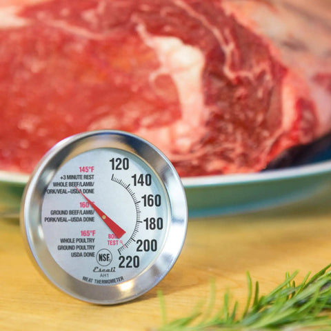 Stainless Steel Oven Safe Meat Thermometer With Extra Large 2.5 Inch Dial And Clear Temperature Labels For Beef Poultry Pork And Veal Pro Grade Kitchen Tool Chefs Rely On Silver NSF Certified near raw meat.