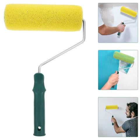 Texture Pattern Paint Roller Sponge Brush For Walls Ceilings And Home Painting, yellow sponge roller with green handle.