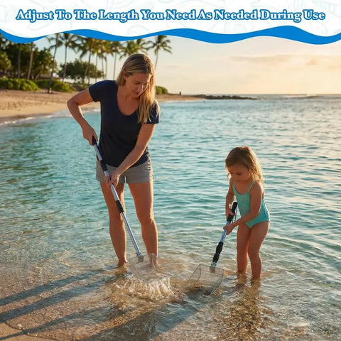 Beach Day Must Have Sand Sifter Set With Telescoping Handle Angled Scoop in use by adult and child at beach shoreline
