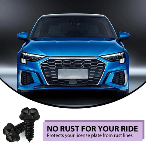 Hella Durable Stainless Steel License Plate Screws For Cars And Trucks 8 Piece Kit, black self-tapping screws with a vehicle in background.
