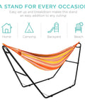 Adjustable Portable Hammock Stand For 9 To 14 Ft Hammocks with steel frame, weather-resistant coating, and striped hammock.