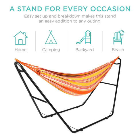 Adjustable Portable Hammock Stand For 9 To 14 Ft Hammocks with steel frame, weather-resistant coating, and striped hammock.