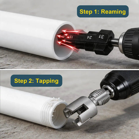 Three Piece PVC Pipe Threader Kit With Step Drill Reamer For One Half Inch And Three Quarter Inch NPT Internal And External Threading in use
