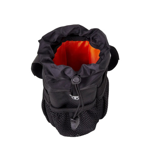 Top view of Bike Stem Bag With Insulated Pouch For Snacks And Water Bottle Storage showing one-hand access and drawcord closure.