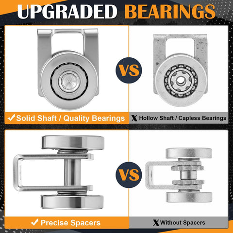 Comparison of solid shaft quality bearings vs hollow shaft capless bearings for Four Pack Light Duty Two Wheel Trolley Assembly