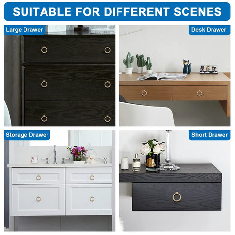Brushed Gold Cabinet Ring Pulls 4 Pack Zinc Alloy Drawer Pulls Hardware on various drawer settings.
