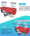8 Wheel Heavy Duty Hoist Trolley Kit For Unistrut One And Five Eighths Inch Channels, Silent Low Noise Operation shown with PA2001000 Electric Hoist installation steps.