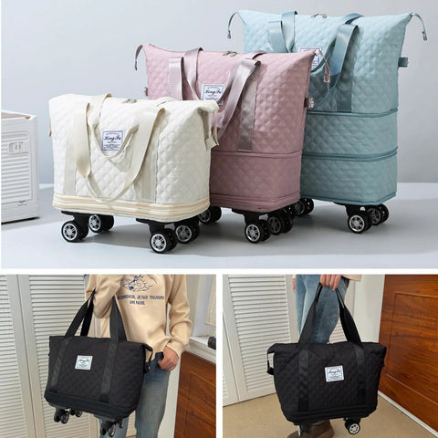 Quilted rolling duffle bag on wheels, set of four in cream, pink, light blue, and teal.