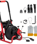 Built Tough Auto Feed Electric Drain Auger with 75 ft cable, accessories, and gloves for quick clog removal.