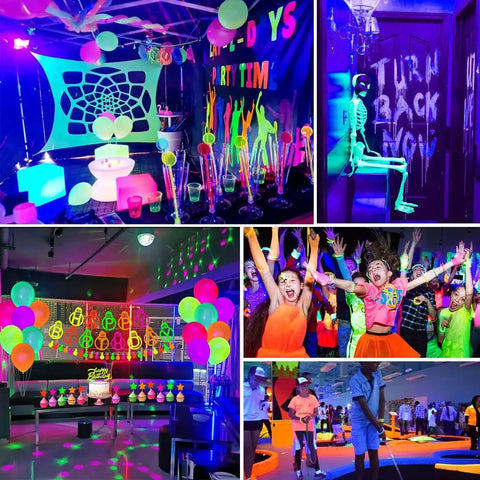Two Pack 60W LED Black Light Bar With Remote For Glow Parties, illuminating vibrant neon decorations and partygoers indoors.