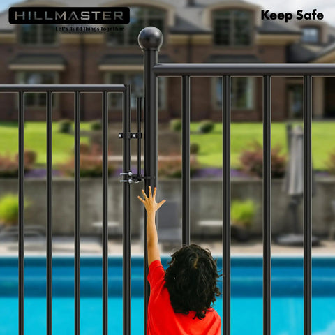 Heavy Duty Auto Pool Gate Latch With Snappy Spring Closer And Easy Push Release For Child Safe Chain Link Fences, black metal latch in use.