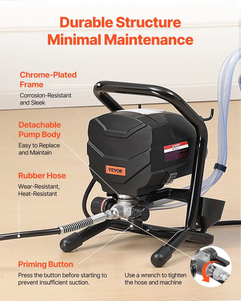 Heavy Duty Electric Airless Paint Sprayer With 650W Motor And 3000 Psi Pressure, showing chrome-plated frame and rubber hose.
