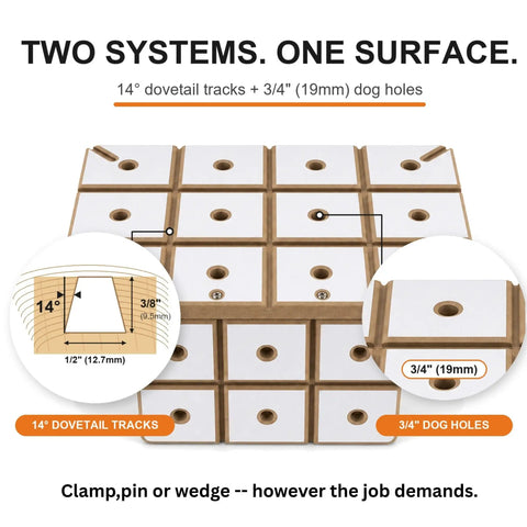 Heavy Duty Dovetail Clamping Board For Woodworking 12 X 18 Inch Benchtop with 14° dovetail tracks and 3/4" dog holes.