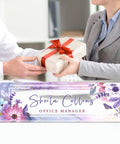 Personalized Acrylic Desk Name Plate With Purple Flower Design on office desk with gift exchange.