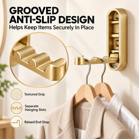 Grooved anti-slip design of Big Shot Heavy Duty Foldable Wall Hooks Built From Tough Zinc Alloy Featuring A Clean Gold Tone.