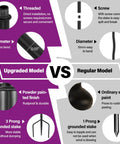 Comparison between upgraded and regular torch models showing threading, diameter, paint finish, and prong stakes.