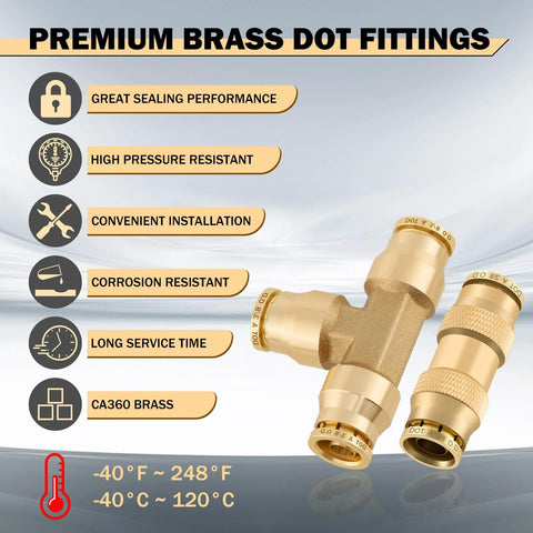 Brass DOT air line fittings kit with push-lock connectors; two fittings shown for pneumatic tubing