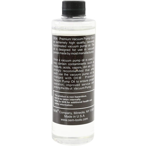 Front view of OEMTOOLS 24399 vacuum pump oil bottle, 8 oz, hydrotreated, clear oil in transparent bottle with black label