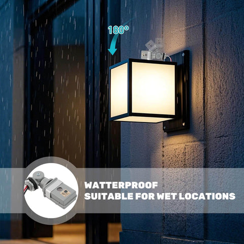 Dusk To Dawn Photocell Sensor For Outdoor Lighting 2 Pack Auto On Off Photoelectric Switch installed on wall, IP54 waterproof.