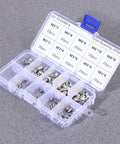 Must Have Industrial Fasteners Kit With 200 Pcs Stainless Steel Headless Grub Screws, Flat Point Set Screws M8 And M5 In Metric Thread, Hex Socket, Locating Pulleys And Locks In Place, Heavy Duty Machinery Fasteners, open case with assorted M3-M8 stainless steel grub screws