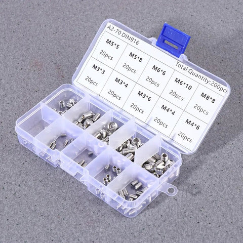 Must Have Industrial Fasteners Kit With 200 Pcs Stainless Steel Headless Grub Screws, Flat Point Set Screws M8 And M5 In Metric Thread, Hex Socket, Locating Pulleys And Locks In Place, Heavy Duty Machinery Fasteners, open case with assorted M3-M8 stainless steel grub screws