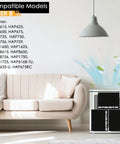 Living room with list of compatible models and Replacement Filter Set For Holmes HAPF600 Series Air Purifiers and clean air illustration.