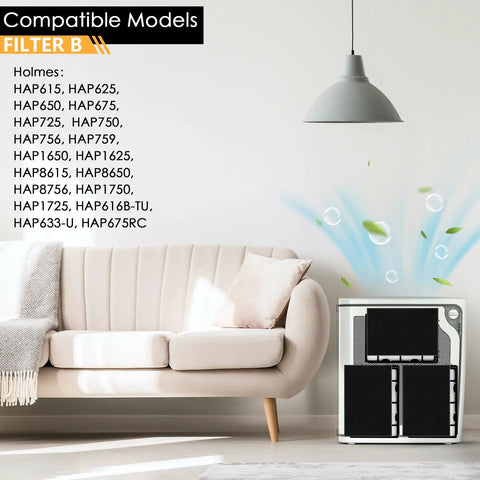 Replacement Filter Set For Holmes Air Purifiers HAPF600D HAP615 HAP625 displayed next to sofa and lamp with clean air flow